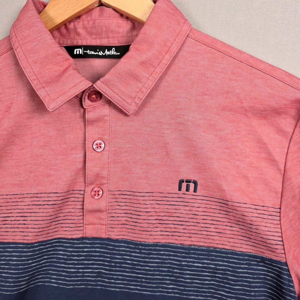 TravisMathew‎ Colorblock Polo Mens M Pink Blue Striped Pima Cotton